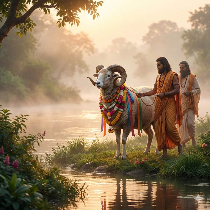 Иллюстрация украшенного цветами барана, стоящего у реки перед обрядом жертвоприношения предкам.