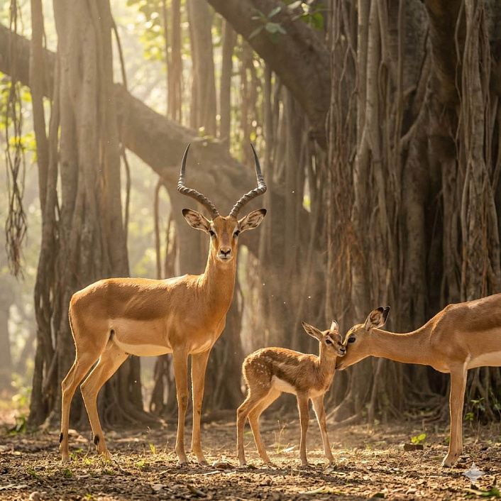 Реалистичный арт мудрой газели с длинными рогами встречающей сестру с детенышем в солнечном лесу