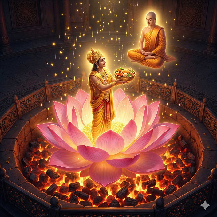 Фэнтези арт бодхисаттвы стоящего на огромном лотосе над огнем и дающего милостыню