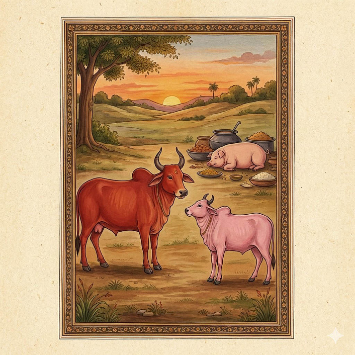 Иллюстрация в индийском стиле: красный вол поучает розового вола, на фоне спящего поросенка и приготовлений к пиру.