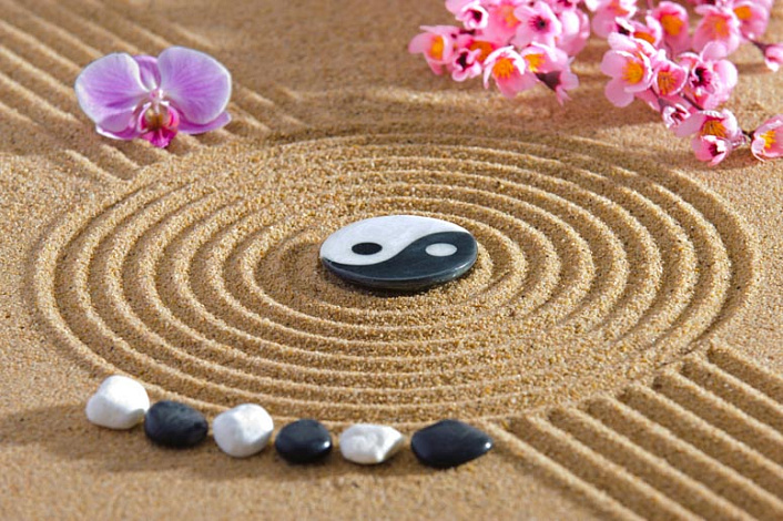 камни и сакура на песке фотофото