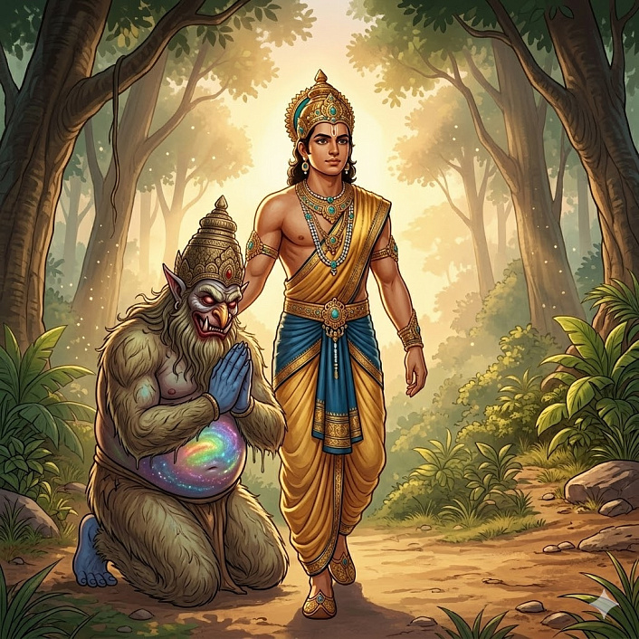 Арт преклонившего колени яккхи, слушающего наставления царевича Панчавудхи в мирном лесу.