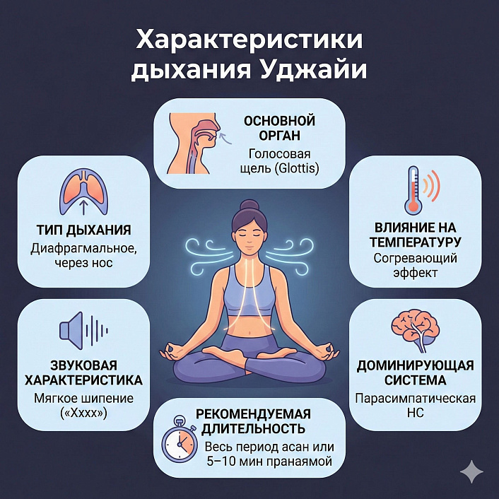 Инфографика дыхания Уджайи: работа голосовой щели, согревающий эффект и активация парасимпатической системы для практики йоги