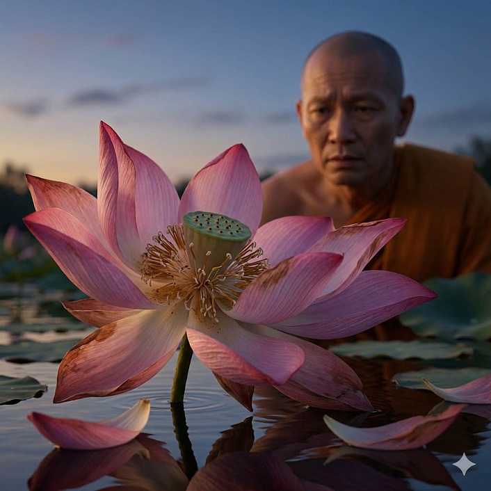Детальное изображение увядающего лотоса с опадающими лепестками символизирующее постижение непостоянства