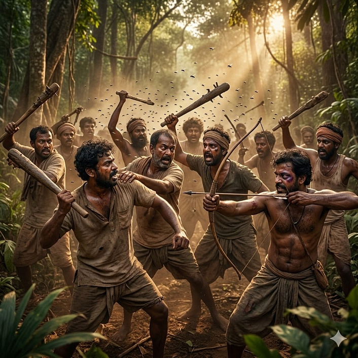 Фотореалистичный арт хаотичной драки древних индийских крестьян в джунглях, сражающихся друг с другом вместо москитов