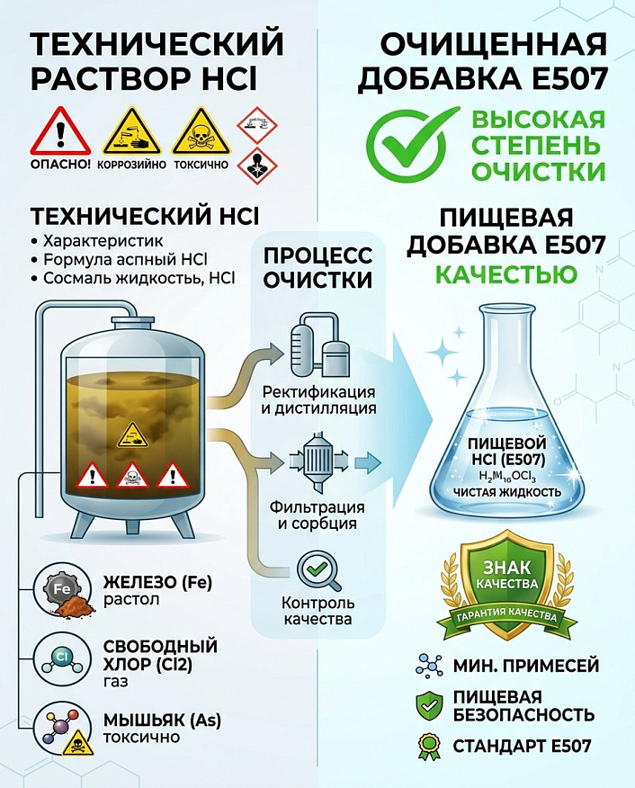 Инфографика сравнительной диаграммы очистки технического раствора HCl и пищевой добавки Е507
