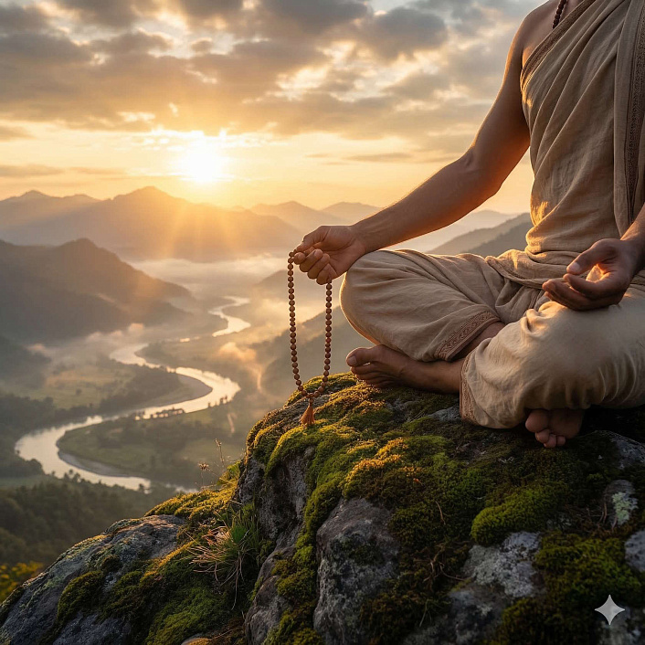 Фото-арт рук с четками, встречающих горный рассвет, символизирующий чистоту намерений в садхане