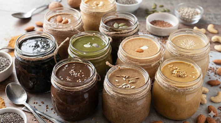 Открытые банки с разноцветными ореховыми пастами и урбечем украшенные семенами для здорового рациона