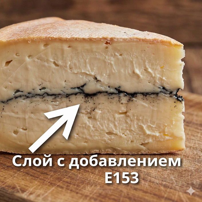 Макрофотография сыра Морбье с выделенным слоем растительной золы по центру, обозначающим пищевую добавку Е153