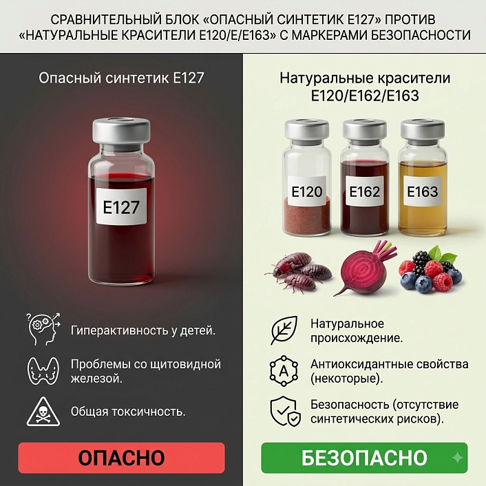 Инфографика, сравнивающая опасный синтетический краситель Е127 (токсичность) и безопасные натуральные альтернативы Е120, Е162, Е163.