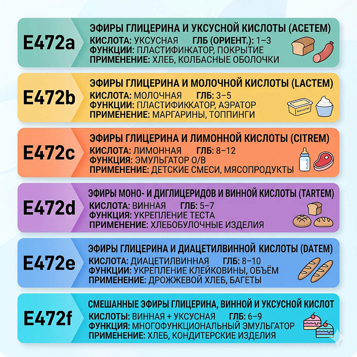 Схема характеристик подтипов пищевой добавки E472.