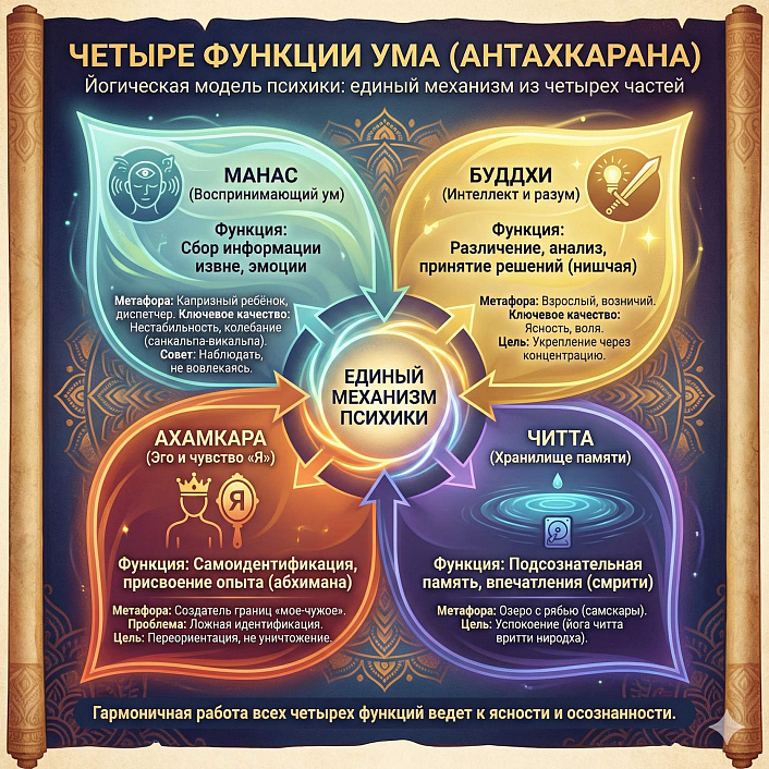 Инфографика структуры антахкараны связывает Манас, Буддхи, Ахамкару и Читту в модели единого механизма психики йоги