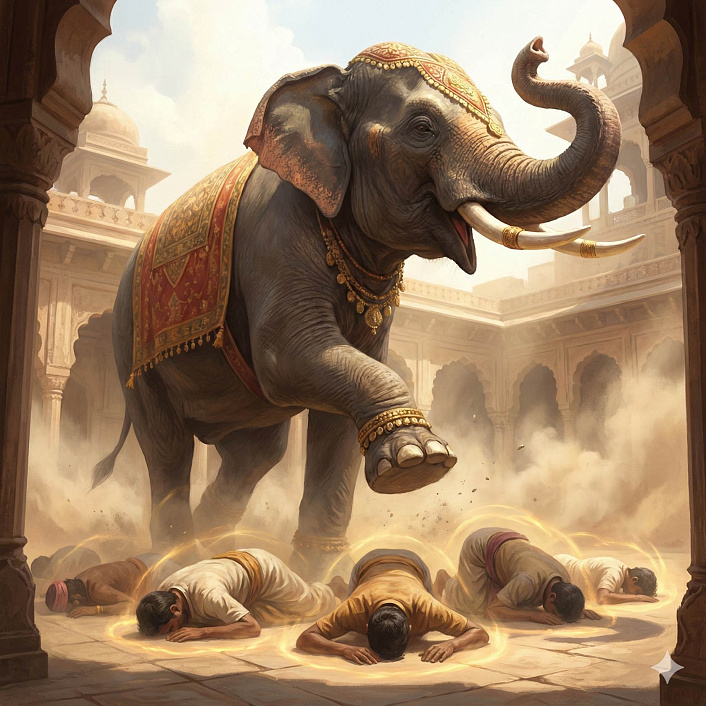 Иллюстрация слона отказывающегося топтать крестьян показывающая силу любящей доброты