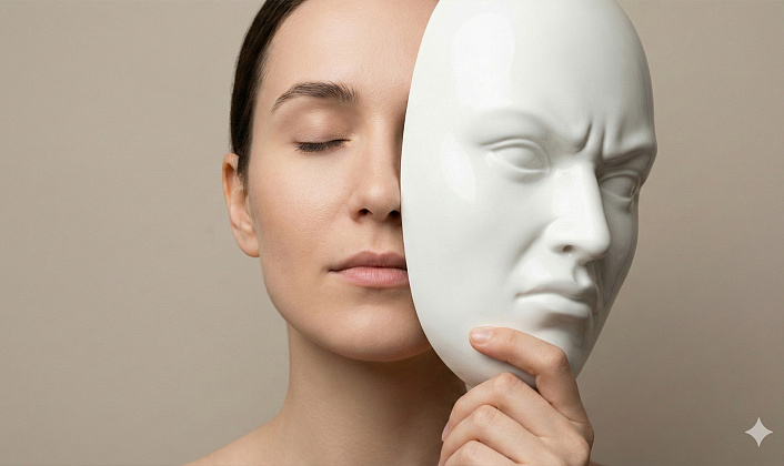 Женщина держит фарфоровую маску рядом с лицом: разотождествление с эго и асмитой в йоге|Асмита заставляет нас срастаться с маской. Истинная практика — это умение держать дистанцию между собой и образом