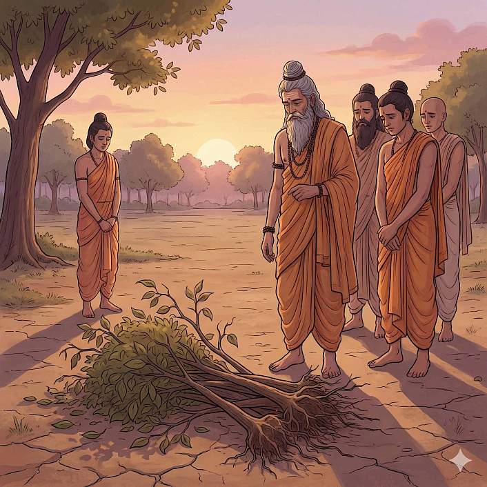 Рисунок мудреца, поучающего обезьян возле засохших деревьев, последствия глупых поступков.