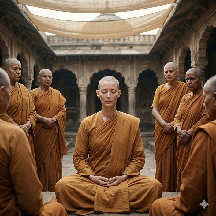 Фото новообращенной монахини в шафрановой робе, медитирующей в окружении суровых монахинь общины Девадатты. (Фото/Монахиня/Медитирует/Община Девадатты)