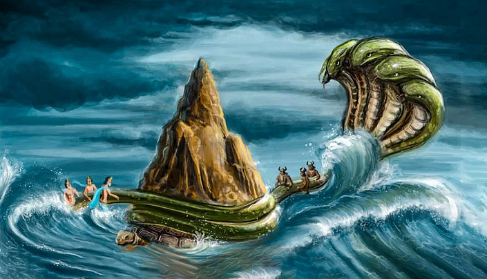 пахтание океана, боги и асуры, змей васуки