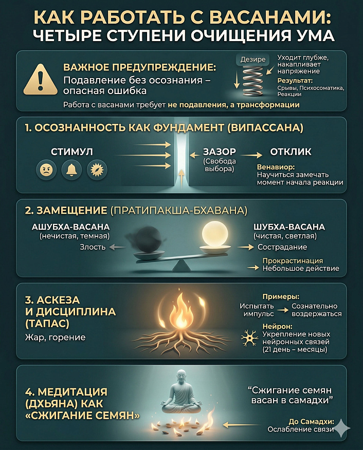Инфографика-схема четырех ступеней очищения ума, показывающая шаги для работы с васанами в практике йоги и медитации.