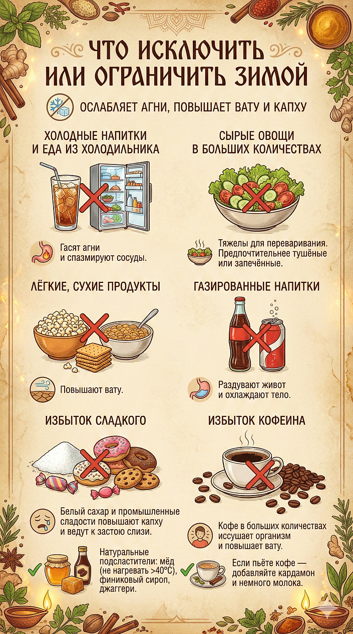 Вредные продукты зимой по аюрведе: холодная еда, сырые овощи, кофеин