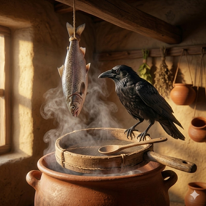 рендер ворона, сидящего на сите над кипящим котлом, в момент проявления его гибельной жадности