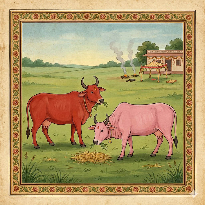 Миниатюра двух спокойных волов, жующих траву после свадьбы, осознавших ценность своей безопасной жизни.