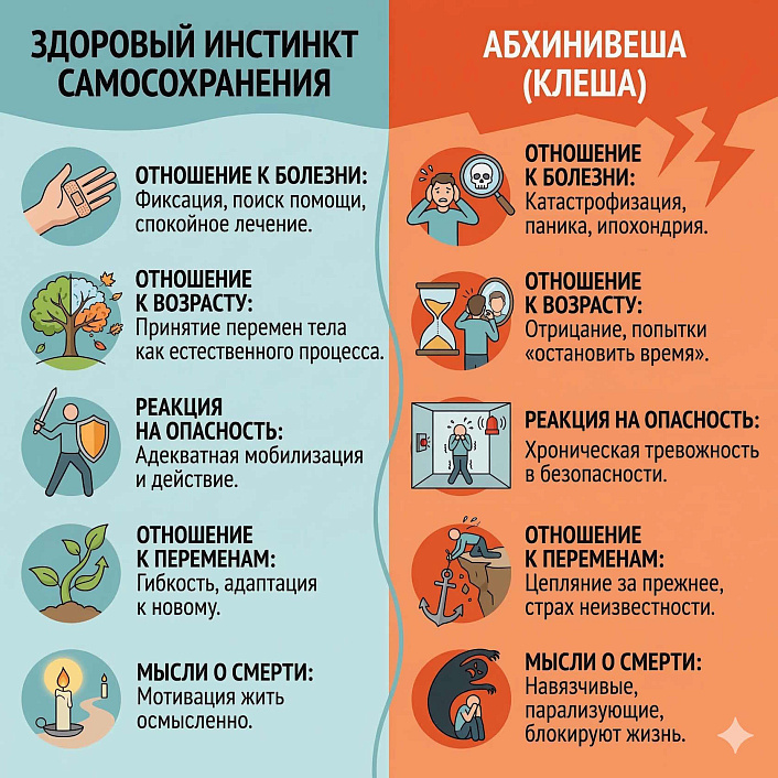 Инфографика сравнения инстинкта самосохранения и абхинивеши