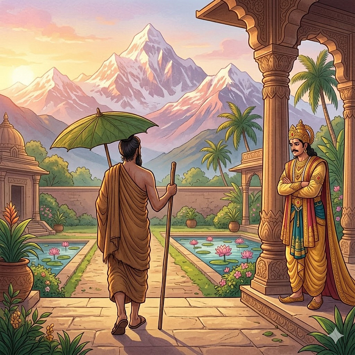 Иллюстрация: мудрый аскет уходит в Гималаи с зонтом из листьев, отказавшись от богатств.