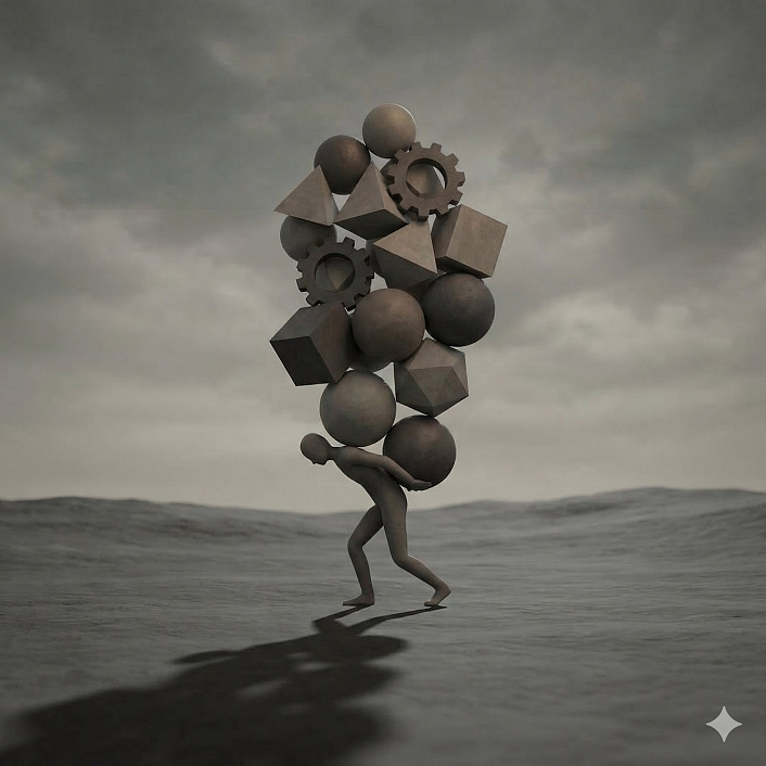 Концептуальный 3D-арт человека, с трудом несущего тяжелые фигуры, символизирующий вред излишнего накопления