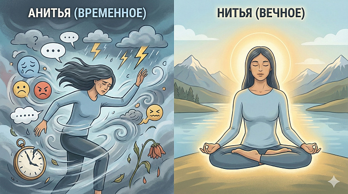 Сравнение Анитья и Нитья: женщина в вихре изменчивых эмоций против спокойной медитации в свете осознанности вечного Я
