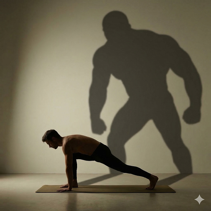 Концептуальный арт йога мужчины с огромной тенью демонстрирующий проявление эгоизма в практике асан