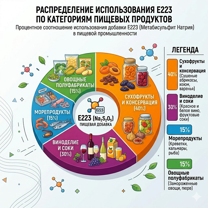 Схема распределения добавки Е223 по категориям: сухофрукты (40%), вино (30%) и овощи для контроля пищевой безопасности.