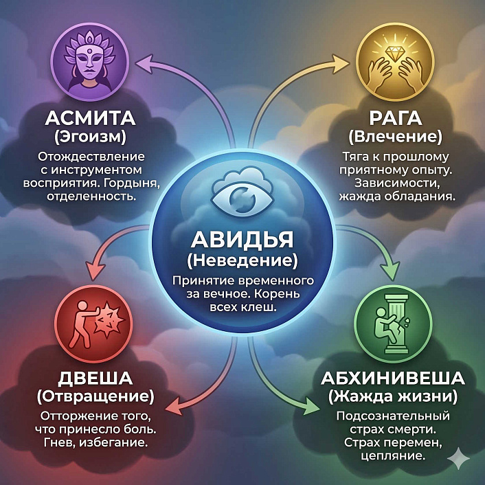 Инфографика пяти клеш показывает неведение авидью как корень эгоизма, влечения, отвращения и страха смерти в йоге.